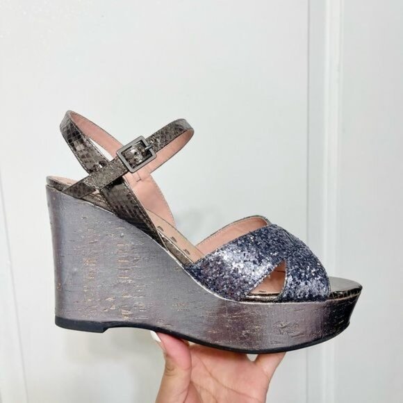 LIBBY EDELMAN Willow Wedge Glitter Platform Sandals in Pewter Size 6.5 - Picture 4 of 7